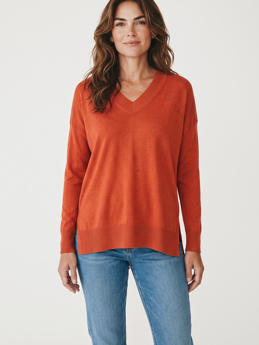 Matty M V-Neck Sweater - Rust Orange